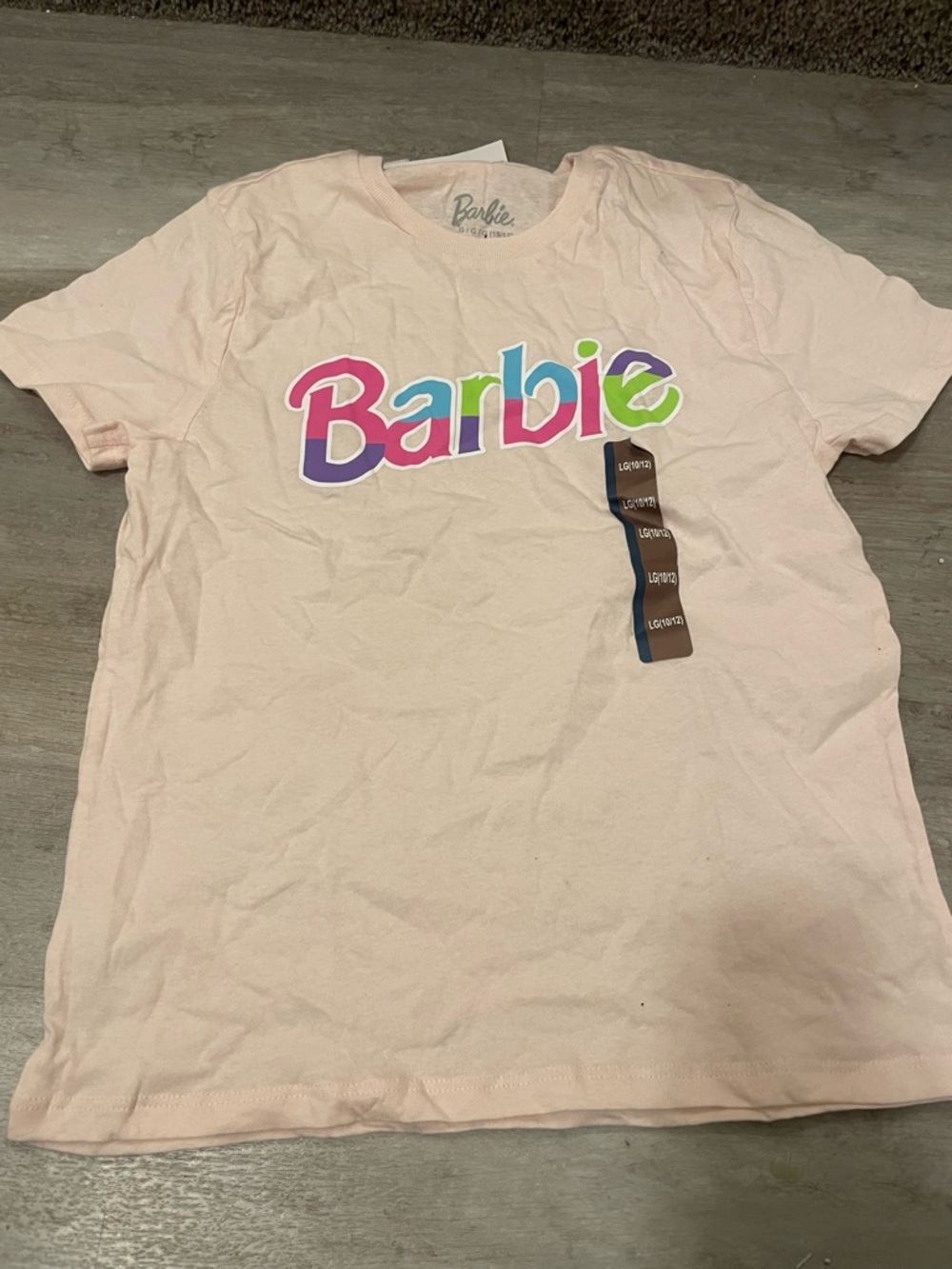 NWT Barbie Girls Size Large Pink Tee with Multicolor Logo